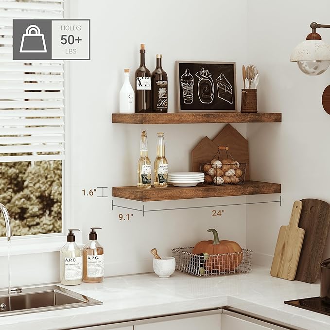 Vivelove Bathroom Floating Shelves for Wall, 24 inchs 9.1” Deep Wall Shelves for Bathroom Bedroom, Living Room, Kitchen, Office, Rustic Farmhouse Shelf Decor with Invisible Bracket, Set of 2