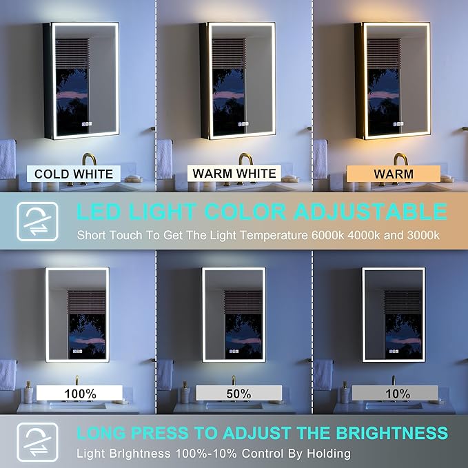 WELLFOR 20" X 30" LED Mirrored Medicine Cabinet, Medicine Cabinets with Lights for Bathroom, Defogging Function Mirror Cabinet, Bathroom Medicine Cabinet with USB Port & Outlet, Right Opening Doors