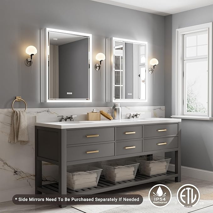 Beveled Lighted Medicine Cabinet with Mirror & Lights -20x32 Surface or Recessed Mirrored Medicine Cabinet with Outlet & Clock, Anti-Fog Dimmable LED Storage Cabinet, Built-in Sensor Light