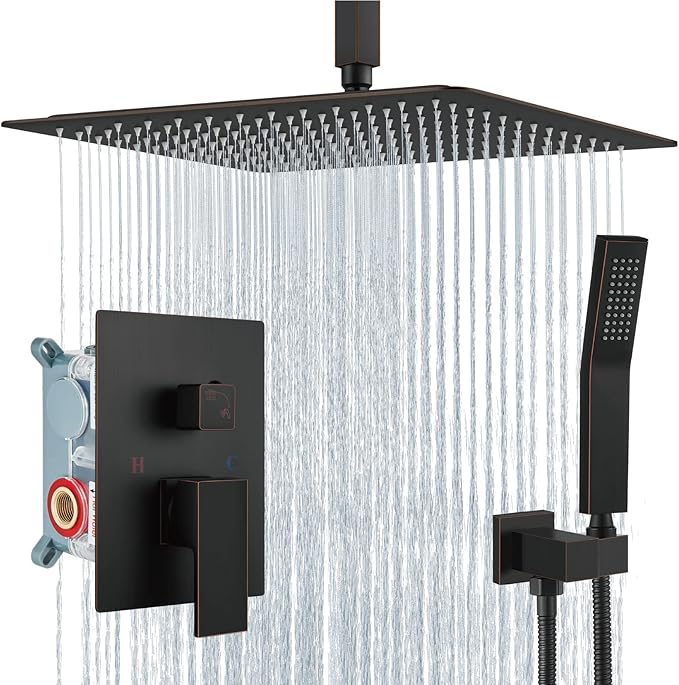 Aolemi Ceiling Mount Shower System Rain Shower Head with Handheld Spray High Pressure Shower Faucet Set Rough-in Valve Shower Trim Kit Included Bathroom Oil Rubbed Bronze 16 Inch Ceiling Shower Head