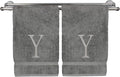 Monogrammed Hand Towel, Personalized Initial Gift, Extra Absorbent 100% Turkish Cotton - Soft Terry Finish - Set of 2 - Silver Block Initial Y - Embroidered on Grey Towels