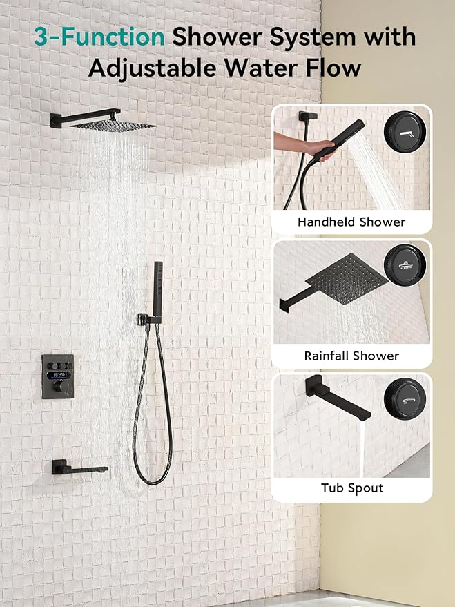 Lefton Shower System in Fahrenheit Display (Battery-free), 10” Overhead Shower Head with All-in-one Handheld Spray Showerhead and Bathtub Faucet, 4-in-1 Control System, SSWM2502 (Matte Black)