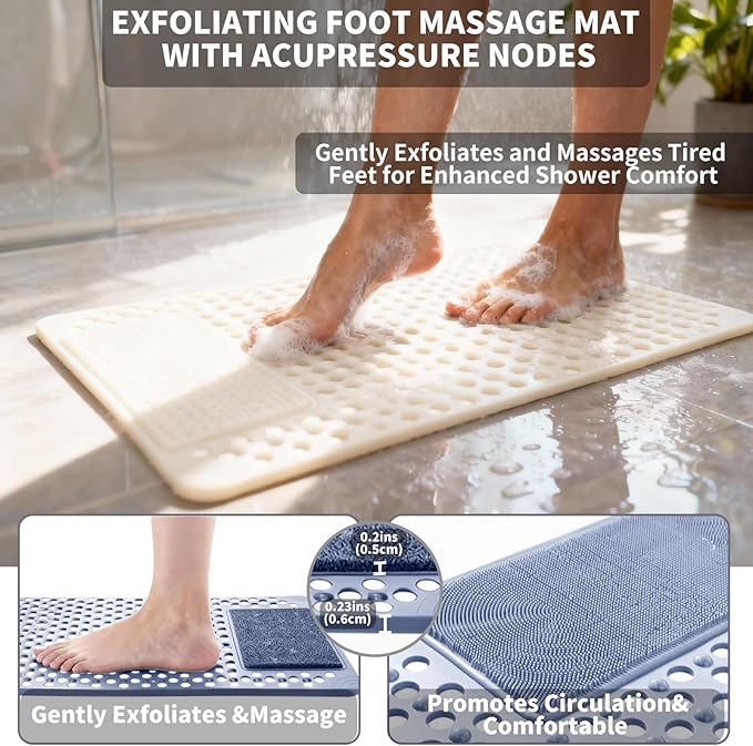 Bath Tub Shower Mat with Soft Shower Foot Scrubber Mat for Massage,Non Slip Bathtub Mat with Strong Suction Cups, Silicone Shower Foot Scrubber Mat (White, 31.5" X 19.7"(Rectangular)