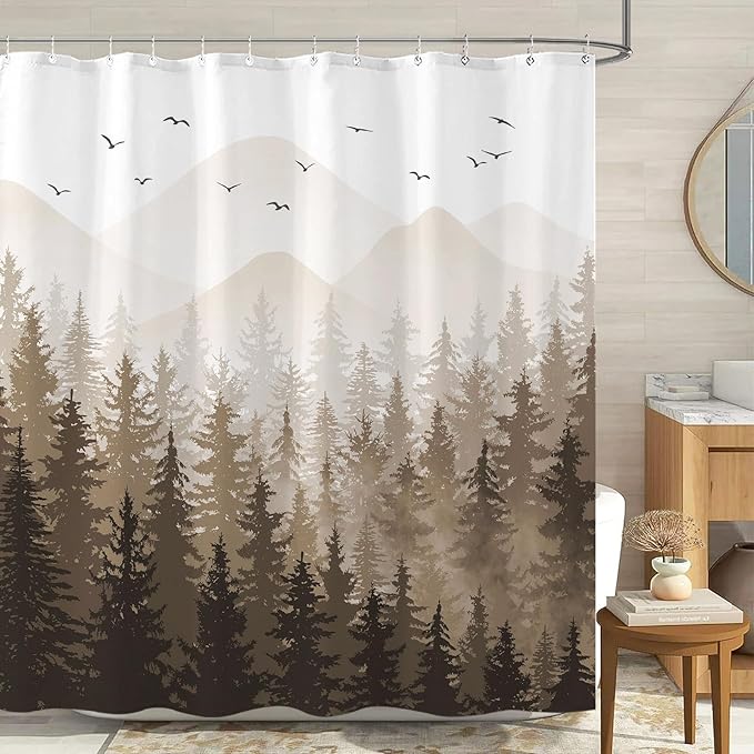 Aipon Brown Misty Forest Shower Curtain Ombre Nature Tree Plants Shower Curtains Fabric Waterproof Mountain Shower Curtain Sets for Bathroom Bath Decor with 12 Hooks (Brown, 72'' × 84'')