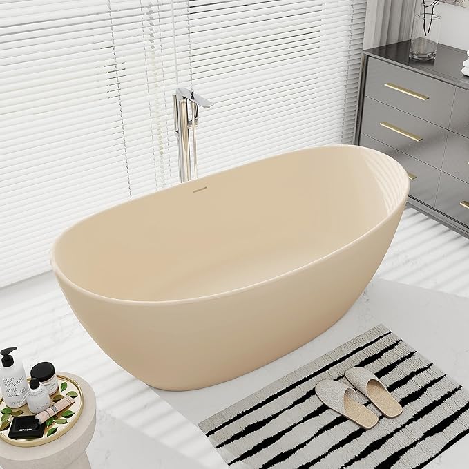 SJ STAR&JANE 65" Solid Surface Freestanding Bathtub Stone Resin Soaking Tub Milk Coffee Double Slippers Stand Alone Oval Tub with Pop-up Drain and Overflow for Bathroom