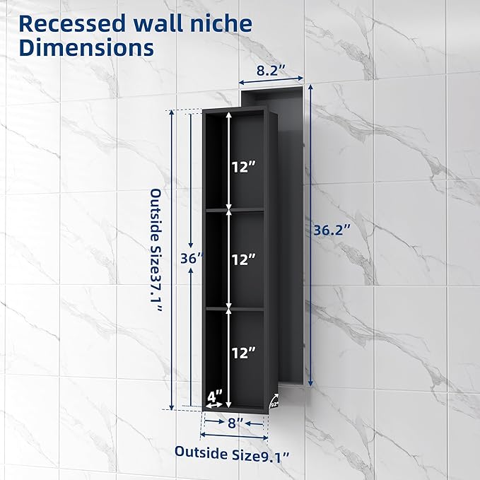Neodrain 8X36 Inch Matte Black Three Layers Shower Niche, Stainless Steel NO Tile Needed Recessed Shelf for Bathroom Storage, 3-Tier Recessed Built-in Wall Niche