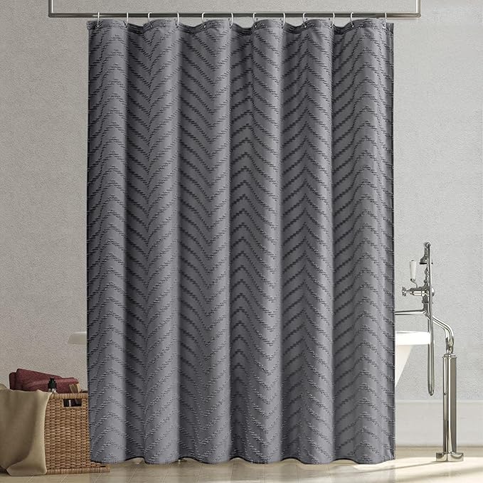Extra Long Grey Boho Shower Curtain 84 Inch Grey Tufted Chevron Striped Fabric Shower Curtains for Bathroom Modern Shabby Chic Waterproof Cloth Shower Curtain Set with Hooks