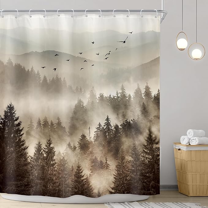 Riyidecor Foggy Mountain Shower Curtain 72Wx72H Inch Nature Abstract Scenery Pine Tree Rustic Misty Woodland Alpine Modern Landscape Natural Bathroom Decor Fabric Polyester Waterproof 12 Pack Hooks