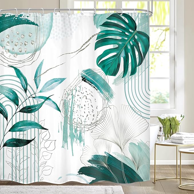Green Boho Shower Curtain 72Wx72H Bohemian Modern Abstract Teal Tropical Palm Leaves Plant Arch Lines Mid Century Bathroom Decor Minimalist Geometric Bath Curtain Fabric Polyester 12 Pack Hooks