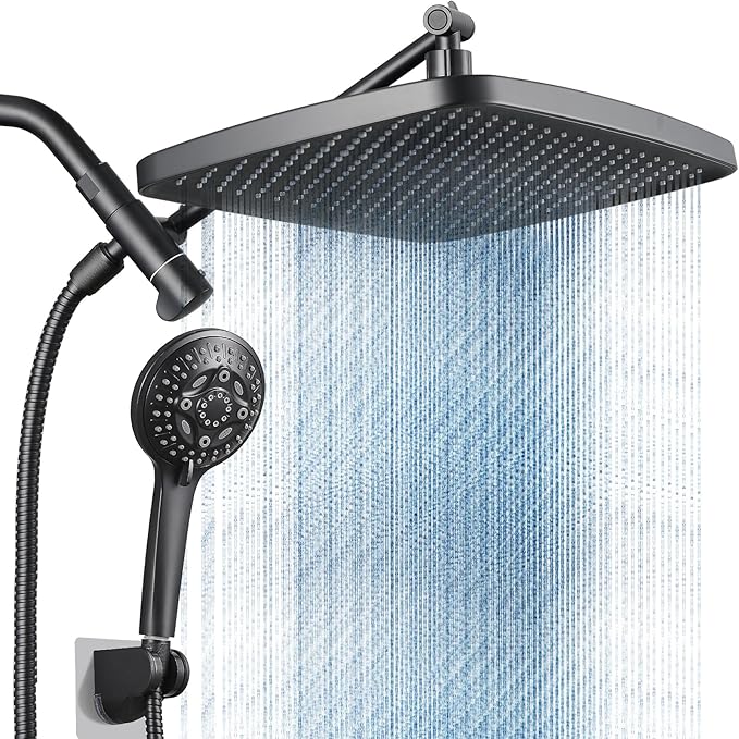 Cobbe 12'' High Pressure Rain Shower Head with Extension Arm - Dual Shower Heads with 8 Modes Handheld Spray Combo - Wide RainFall shower with Anti-Clog Nozzles, Adhesive Showerhead Holder, Black