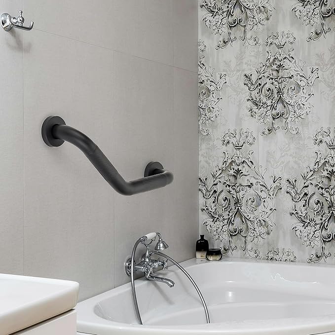 Grab Bars for Bathtubs and Showers- 1-1/4 x 16 Angled Shower Grab Bar for Seniors Knurled Stainless Steel Handicap Grab Bars for Wall (Black, 1 Pack)