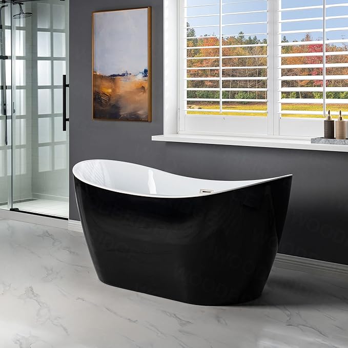 WOODBRIDGE 59" Acrylic Freestanding Bathtub Contemporary Soaking Tub, Black Acrylic(Brushed Nickel Drain/Overflow),BTA1816-BN