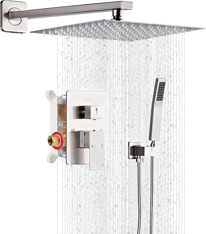 Shower Faucet Set, Rainfall Shower System Complete Wall Mounted for Bathroom with 12 Inch Shower Head and Handheld Rain Mixer Combo Kit with Shower Valve and Shower Trim, Brushed Nickel