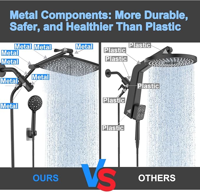 Veken 11.8" Rain Shower Head with Handheld, High Pressure Handheld Shower Heads with Multi Spray Modes, Rainfall Combo with 15" Metal Extension Arm,Detachable Dual Shower, Long 6 ft. Hose,Matte Black