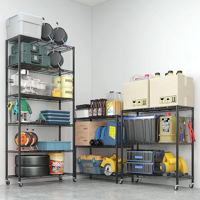 6 Tier Storage Racks Shelving, Heavy Steel Pantry Shelves, Adjustable Wire Shelving Rack with Wheels, Suitable for Garage, Kitchen, Bathroom, Office, 35" W x 16" D x 73" H, Black