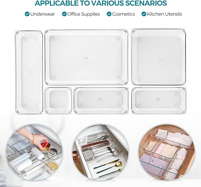 6 Pack Drawer Organizer - 3" X 9" Clear Acrylic Storage Bins with Non-Slip Pads, Versatile Desk Tray for Makeup, Jewelry, Kitchen, Bathroom, and Office Organization
