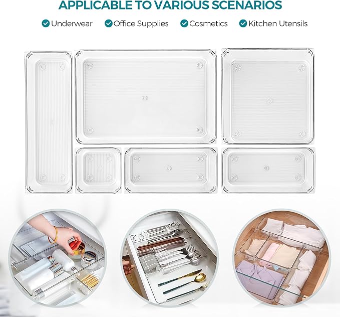 4 Pack Drawer Organizer - 6" X 9" Clear Acrylic Storage Bins with Non-Slip Pads, Versatile Desk Tray for Makeup, Jewelry, Kitchen, Bathroom, and Office Organization