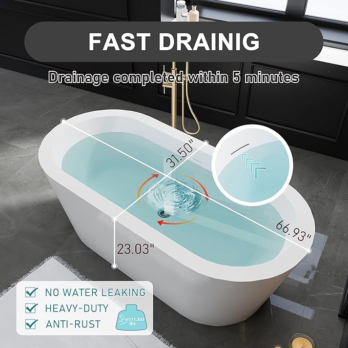 67" Acrylic Freestanding Bathtubs, Stand Alone Tub, Soaking Tubs for Bathroom, Integrated Overflow and Drain, cUPC Certified, Gloss White