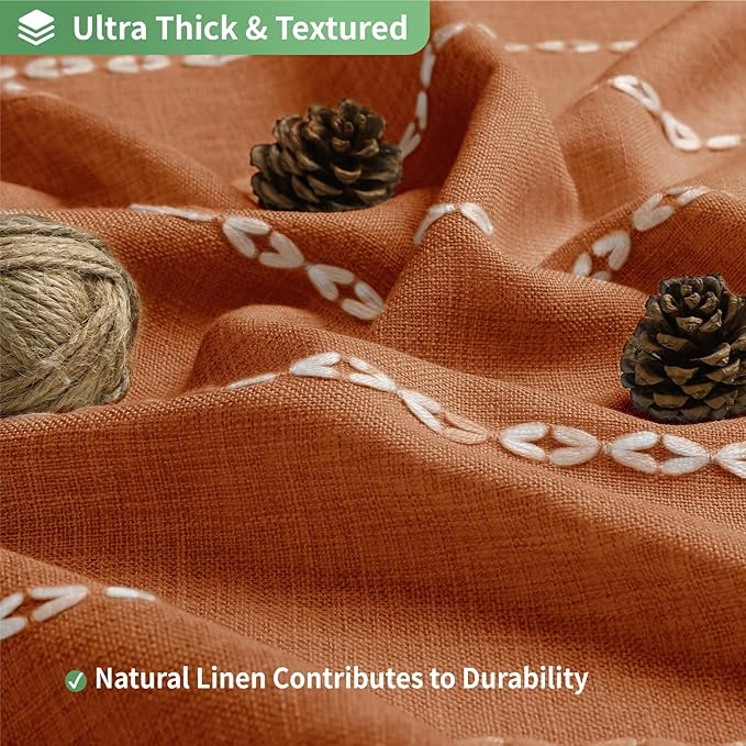 No Hook Extra Long Shower Curtain Set with Snap-in Liner,Linen Textured Thick Striped Fabric with Tassels,Boho Chic Modern Farmhouse Bathroom Curtain,Water-Repellent,Orange,71x86