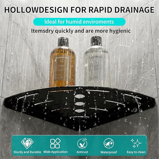 Shower Corner Shelf 304 Stainless Steel Shower Caddy 2 Tier Shower Organizer Niche with Extra 6 Hangers Shelves 40 lbs Large Capacity Shower Shelf for Inside Anti-Rust Drilling Installation(Black)