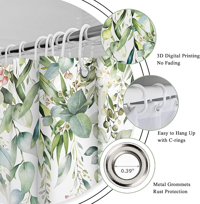 Riyidecor Sage Green Eucalyptus Leaves Shower Curtain for Bathroom Decor 60Wx72H Leaf Plants Botanical Spring Natural Floral Watercolor Art Printed Fabric Polyester Waterproof 12 Pack Plastic