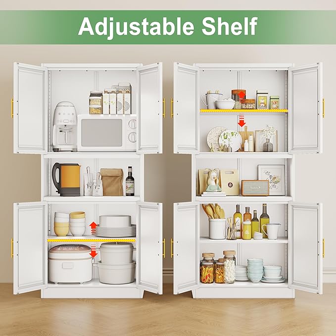 Pantry Cabinet 61" H Metal Kitchen Cabinet with 4 Doors, Bathroom Cabinets, 2 Adjustable Shelves for Kitchen, Home Office, Living Room, Dinning Room (White)