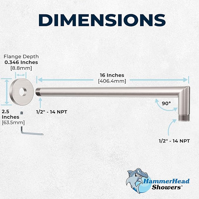 HammerHead Showers® Solid Metal 16 Inch Extended Shower Arm and Flange with Set Screw, Long Shower Arm, Extends Rain Shower Overhead, Wall-Mounted Rain Shower Arm, Brushed Nickel