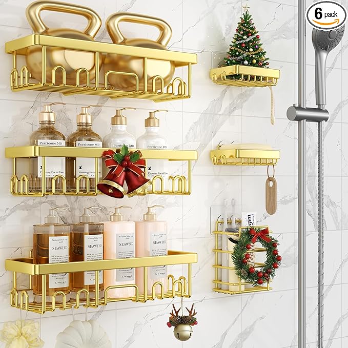 Veken Adhesive Shower Caddy 6-Pack,Gifts for Women Mom,Heavy Weight Bearing,Large Wall Mounted Bathroom Shelves Rack,Organizer Storage Accessories with Soap Dish&Toothbrush Holder,Bright Gold