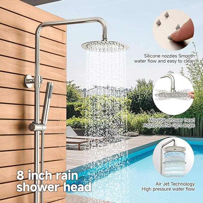 Rainsworth Outdoor Shower Kit Brushed Nickel - Single Handle Brass Valve, 8 Inch Rain Shower Head and Handheld Spray Shower Fixture Combo, 304 Stainless Steel Wall Mount