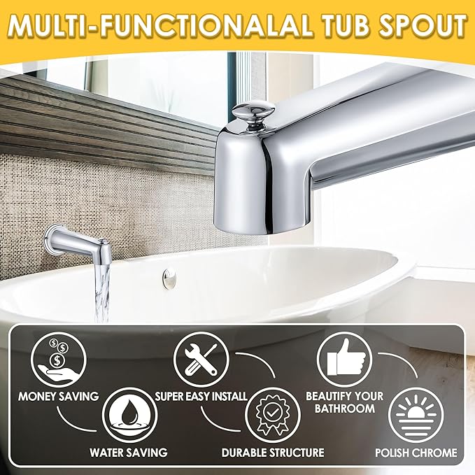 Enhon 7 Inch Slip on Tub Spout with Diverter, Compatible with Moen 3839/Moen 3853, Bathtub Diverter Spout Fits 1/2" Copper Water Tube(5/8" Diameter), 5/32" Hex Wrench(Polished Chrome,Cover Ring)