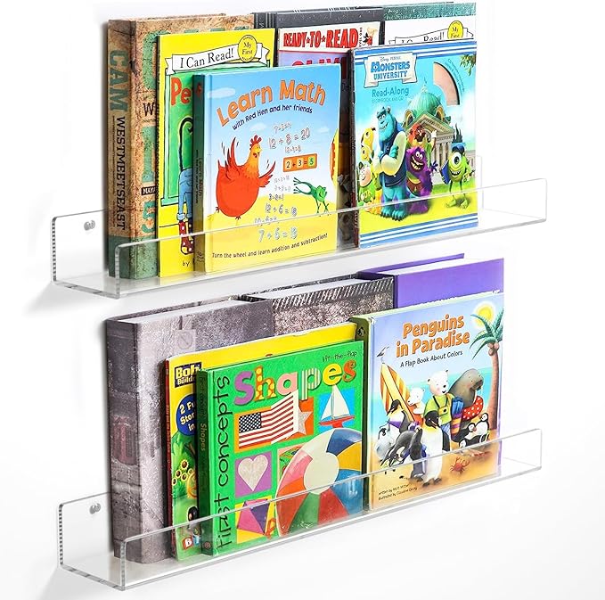 NIUBEE 24-Inch Acrylic Kids Floating Bookshelves, 2-Pack, Wall Mounted Clear Shelves for Kids' Growing Book Collections in Nurseries/Bedroom/Playrooms