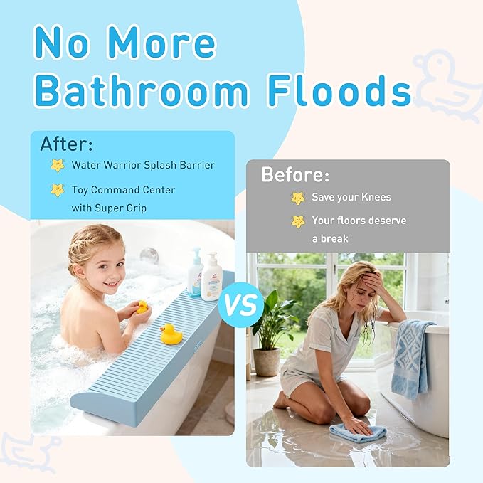 Roslim Splash Guard for Bathtub, Silicone Tub Water Splash Guard with Suction Cups, Bath Toy Tray Holder for Kids & Toddlers, Tub Shelf for Children Bathroom Essentials, Baby Blue