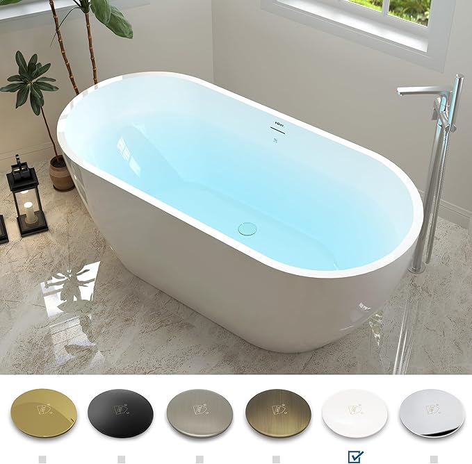 FerdY 59" Bali Acrylic Freestanding Bathtub, Gracefully Shaped Freestanding Soaking Bathtub, cUPC Certified, Toe-Tap Polished White Drain and Minimalist Linear Design Overflow Included