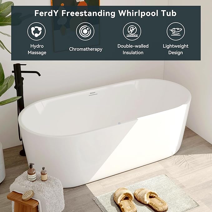 FerdY Shangri-La 67 Inch Freestanding Whirlpool Bathtub, Oval with 8 Water SPA Jets Morden White Stand Alone Jetted Tub, Luxury Acrylic Free Stand Deep Soaking Bath Tub