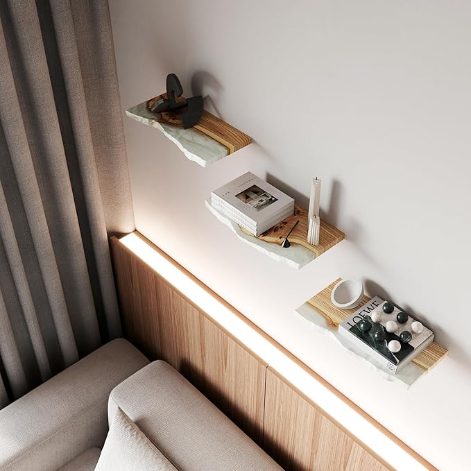 RWA Live Edge Floating Shelf – Unique Wood Floating Shelf for Wall Decor, Living Room, Bedroom, or Bathroom – Stylish Decorative Wall Shelves for Home & Office (Platinum, L - 24x7)
