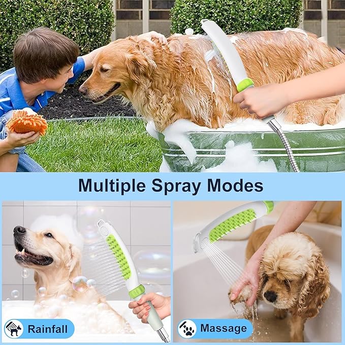 Dog Shower Attachment, Rubber Dog Grooming Bath Brush for Long & Short Haired Dogs and Cats, Pet Hair Scrubber For Washing, Deshedding, Massage, Stainless Steel Shower Hose