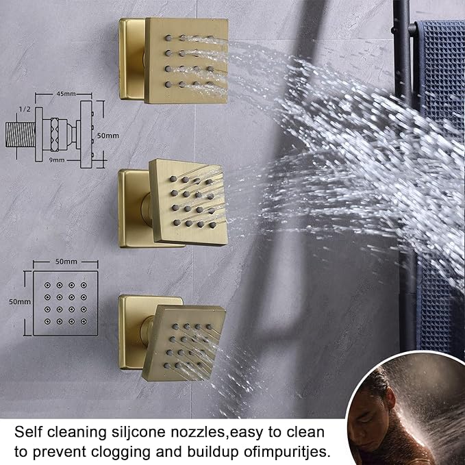 Shower Faucet Set Brushed Gold Shower System, Temperature Display Shower Faucet with 12 inch Ceiling Mount and 8 inch Wall Mount Shower Head, with 6 PCS Body Jet and Handheld Spray