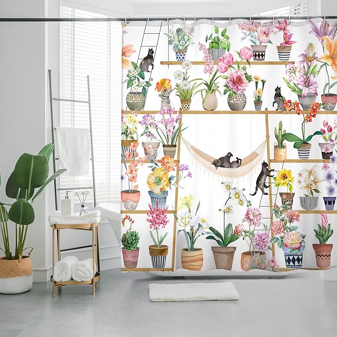 Bohemian Shower Curtain, Boho Floral Print Water Repellent Polyester Fabric for Bathroom Decor, 72×72 Inch Standard Size with 12 Hooks, Also as Room Divider