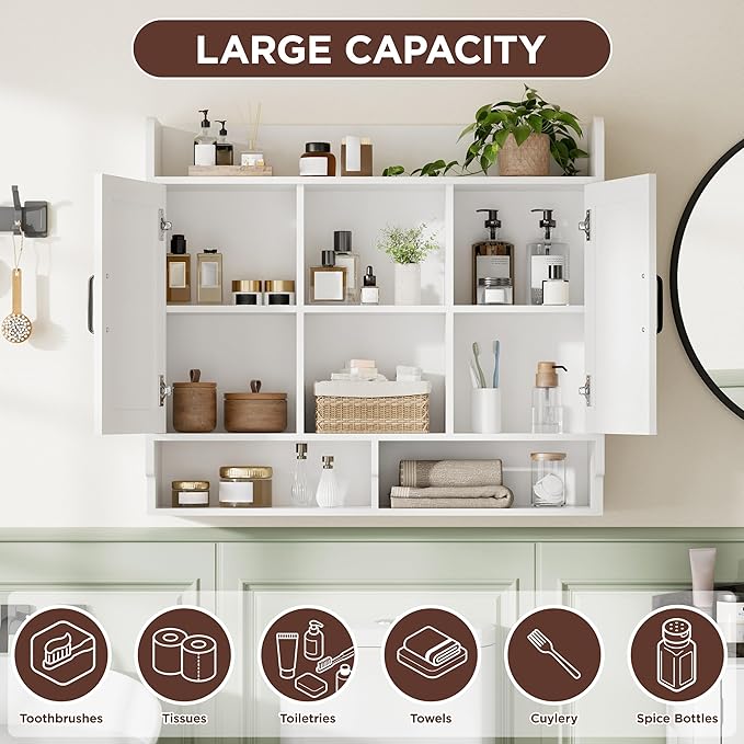 White Bathroom Wall Cabinet, Wall Mount Storage Cabinet, Floating Medicine Cabinet with 4 Open Shelves and 6 Deep Cabinets Over The Toilet for Laundry Room, Kitchen