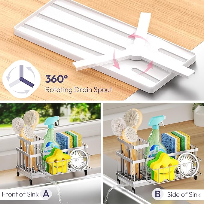 SWTYMIKI Sink Caddy Sponge Holder - Large Sponge Holder for Kitchen Sink with 360°Auto-Drain Tray, Rustproof Stainless Steel Kitchen Organizer Caddy for Countertop Organization