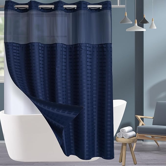 Conbo Mio No Hook Shower Curtain with Snap in Liner Set, Hotel Luxury Navy Blue Shower Curtains for Bathroom with See Through Top Window, Waterproof, Washable 71W x 74H