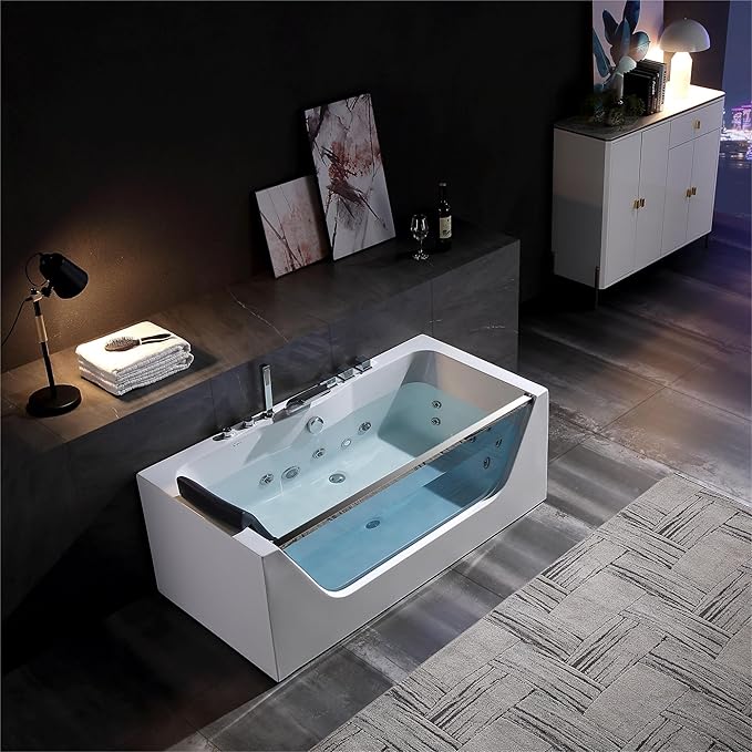 Empava 59 in. Acrylic Alcove Whirlpool Bathtub - Hydromassage Rectangular Jetted Soaking Tub with Center Drain - Waterfall Faucet