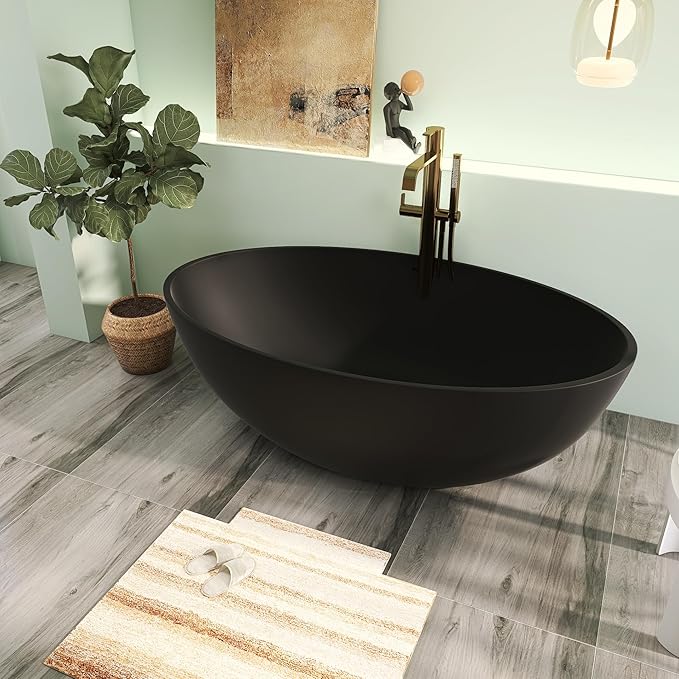 67" Premium Solid Surface Freestanding Bathtubs, Matte Black Oval Stone Resin Tub with Overflow and Pop-up Drain