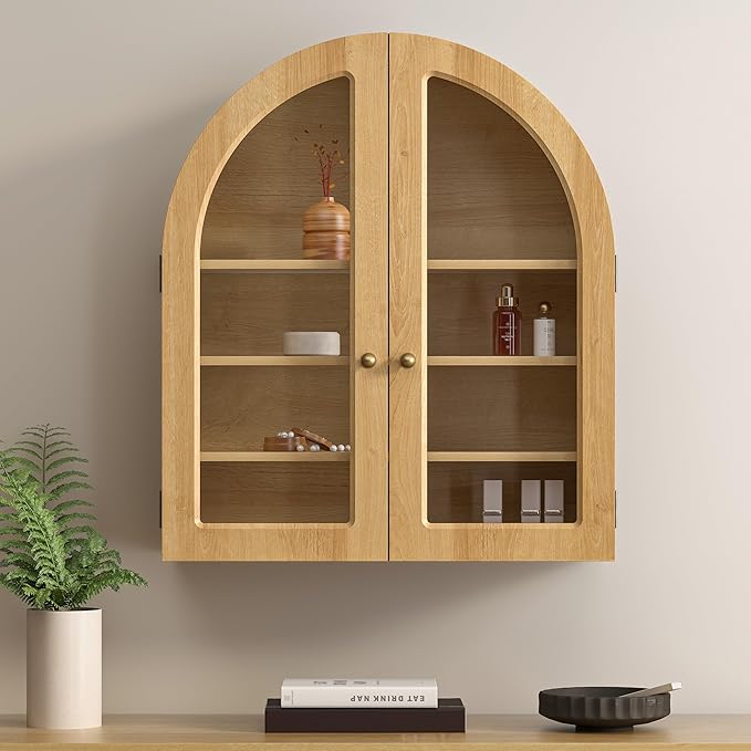 Large Arched Bathroom Wall Cabinet Modern Wooden Display Cabinet with Acrylic Doors Farmhouse Wall Mounted Cupboard Storage Organizer for Laundry Room, Dining Room, Natural Oak