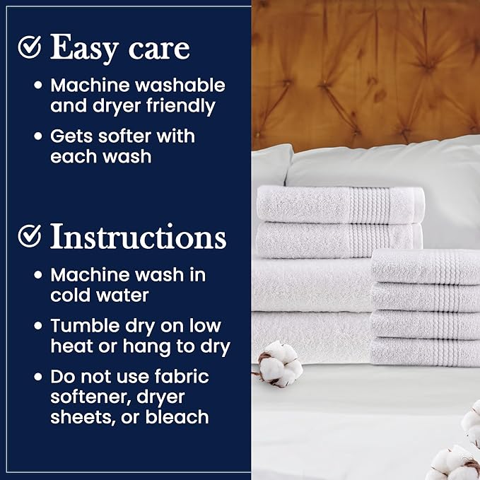 HALLEY Turkish Cotton Towels (Set of 8) 2 Bath Towels 2 Hand Towels 4 Washcloths, Super Soft Highly Absorbent 100% Cotton Towels for Bathroom and Kitchen for Mother’s Day (White)