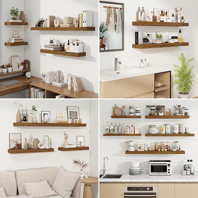 fuqing Floating Shelves for Wall, Wall Mounted Wood Floating Shelf with Invisible Brackets for Living Room, Bathroom, Bedroom, Kitchen Storage and Decor, 16 Inch Set of 2, Rustic Brown