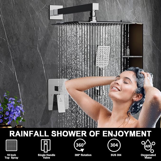 Rain Shower System 10IN Modern Brass Faucet Set With Valve and Diverter Shower Mixer With Handheld High Pressure Square Rainfall Shower Valve (10'' Wall Mount, Chrome Polished)