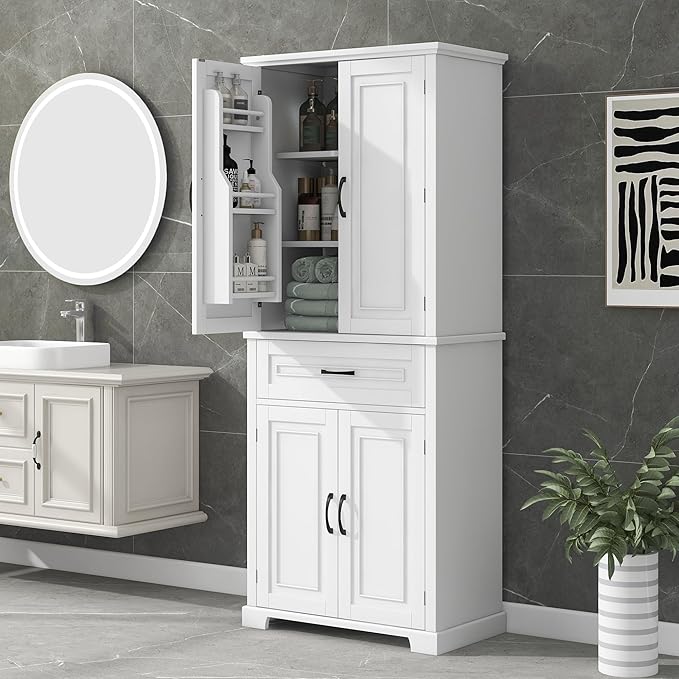 Favfurish 72" Tall Bathroom Storage Cabinet with Doors and Drawer,Modern Linen Cabinets w/Adjustable Shelves & Door Storage Rack,Freestanding Organizer for Bath Room,Study,Office,Kitchen White