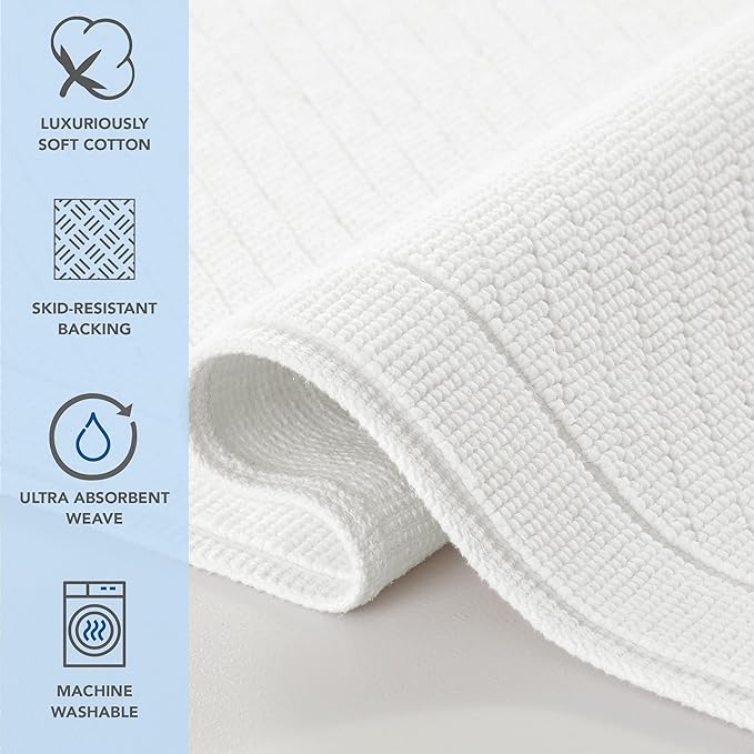 Arkwright 100% Cotton Bathroom Rug - High Absorbent Stylish Textured Woven Design Bath Mat, Slip Resistant Backing for Shower and Bathtub Floor, 17x24 in - White