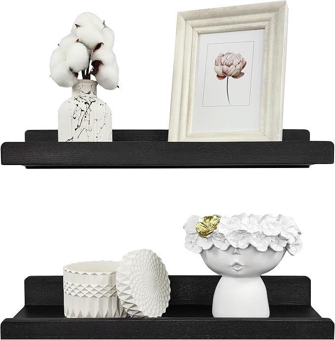 Floating Shelves for Wall 16 inch, Waterproof, Wall Storage Shelves with Lip, Display Picture Ledge Shelf for Living Room Photo Frame, Natural Wood Hanging Book Shelves (Black, Set 2)